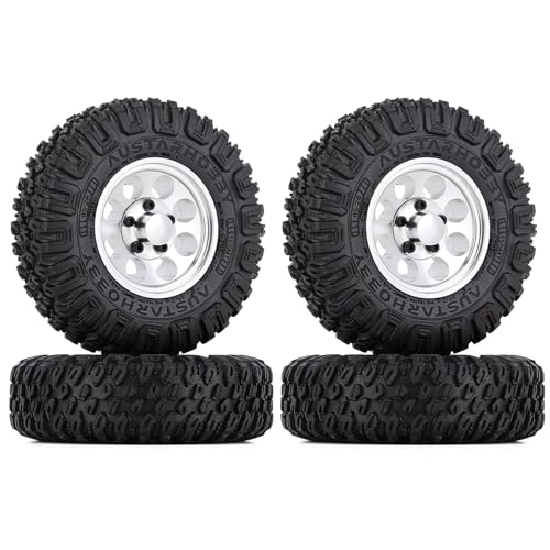 KINGCOO 4PCS RC Reifen und Metall Felgen,1,55 Zoll Aluminium Beadlock Räder Gummireifen für 1/10 RC Crawler Auto für Axial AX90069 D90 TF2 Tamiya CC01 CC02 LC70 LC80 Upgrade-Teile (Silber, 85mm) von KINGCOO