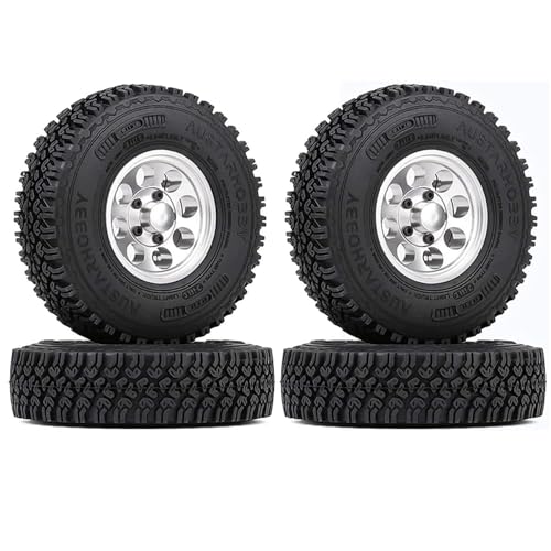 KINGCOO 4PCS RC Reifen und Metall Felgen,1,55 Zoll Aluminium Beadlock Räder Gummireifen für 1/10 RC Crawler Auto für Axial AX90069 D90 TF2 Tamiya CC01 CC02 LC70 LC80 Upgrade-Teile (Silber, 90MM) von KINGCOO