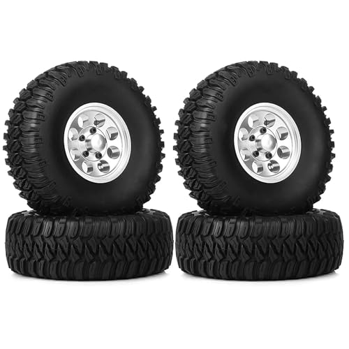 KINGCOO 4PCS RC Reifen und Metall Felgen,1,55 Zoll Aluminium Beadlock Räder Gummireifen für 1/10 RC Crawler Auto für Axial AX90069 D90 TF2 Tamiya CC01 CC02 LC70 LC80 Upgrade-Teile (Silber, 95MM) von KINGCOO