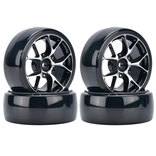 KINGCOO 4Stück 1/10 RC Drift Autoreifen, 63mm RC Hartreifen und Drift Aluminiumlegierung Metall Rad Felgen für 1:10 RC On Road Run-Flating Racing Car für HSP HPI Tamiya Kyosho (Schwarz, 5Y) von KINGCOO