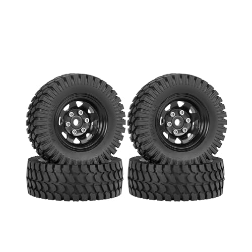 KINGCOO 4Stück 1,55 Zoll Aluminiumlegierung Metall Beadlock Räder Felgen und 76mm Gummireifen für 1:10 RC Crawler Auto für Tamiya CC01 CC02 LC70 JIMNY Axial AX90069 D90 (A-Schwarz) von KINGCOO
