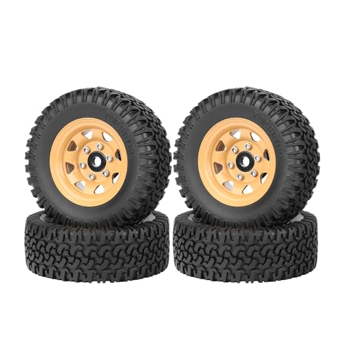 KINGCOO 4Stück 1,55 Zoll Aluminiumlegierung Metall Beadlock Räder Felgen und 76mm Gummireifen für 1:10 RC Crawler Auto für Tamiya CC01 CC02 LC70 JIMNY Axial AX90069 D90 (B-Gelb) von KINGCOO