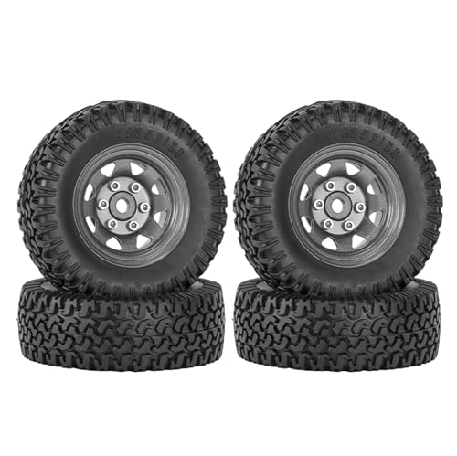 KINGCOO 4Stück 1,55 Zoll Aluminiumlegierung Metall Beadlock Räder Felgen und 76mm Gummireifen für 1:10 RC Crawler Auto für Tamiya CC01 CC02 LC70 JIMNY Axial AX90069 D90 (B-Grau) von KINGCOO