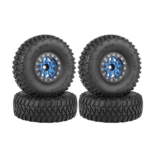 KINGCOO 4Stück 1,55inch Aluminiumlegierung 5Speichen Beadlock Felgen mit 95mm Gummireifen Räder Set für 1/10 RC Rock Crawler Auto Upgrades Teile für Tamiya Axial D90 TF2 CC01 LC70 (Schwarz/Blau) von KINGCOO