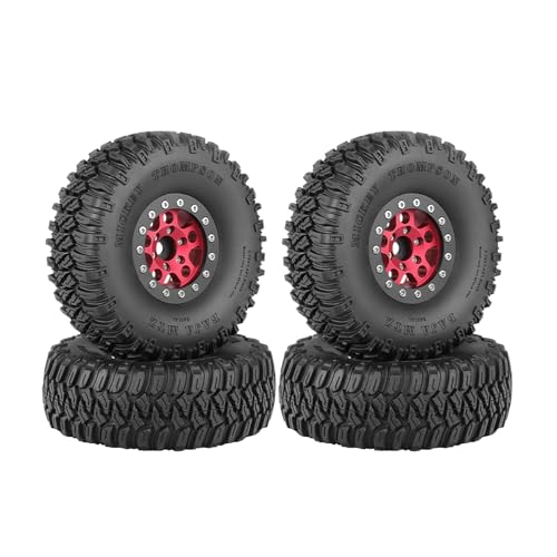 KINGCOO 4Stück 1,55inch Aluminiumlegierung 5Speichen Beadlock Felgen mit 95mm Gummireifen Räder Set für 1/10 RC Rock Crawler Auto Upgrades Teile für Tamiya Axial D90 TF2 CC01 LC70 (Schwarz/Rot) von KINGCOO