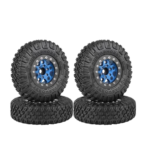KINGCOO 4Stück 1,55inch Aluminiumlegierung 5Speichen Beadlock Felgen und 85mm Gummireifen Räder Set für 1/10 RC Rock Crawler Auto Upgrades Ersatzteile (Schwarz/Blau) von KINGCOO