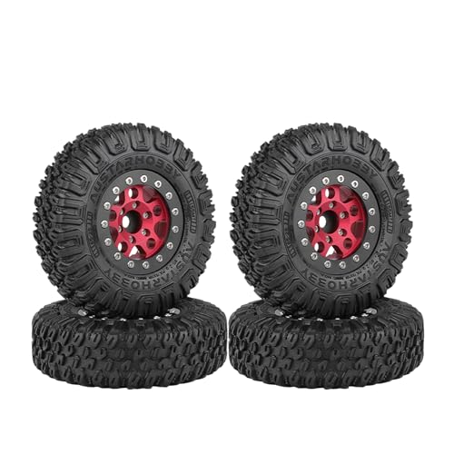 KINGCOO 4Stück 1,55inch Aluminiumlegierung 5Speichen Beadlock Felgen und 85mm Gummireifen Räder Set für 1/10 RC Rock Crawler Auto Upgrades Ersatzteile (Schwarz/Rot) von KINGCOO