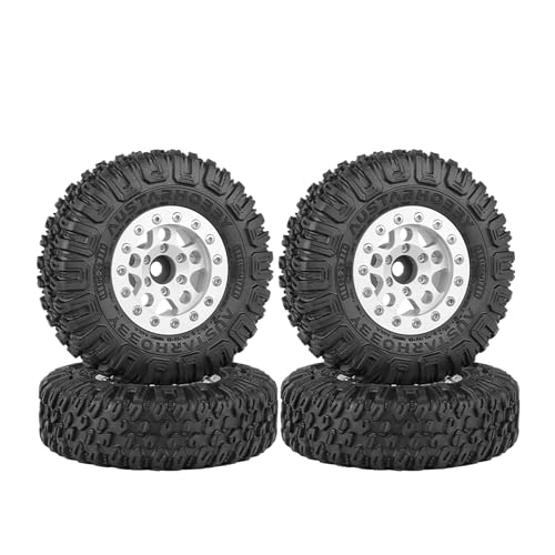 KINGCOO 4Stück 1,55inch Aluminiumlegierung 5Speichen Beadlock Felgen und 85mm Gummireifen Räder Set für 1/10 RC Rock Crawler Auto Upgrades Ersatzteile (Silber) von KINGCOO