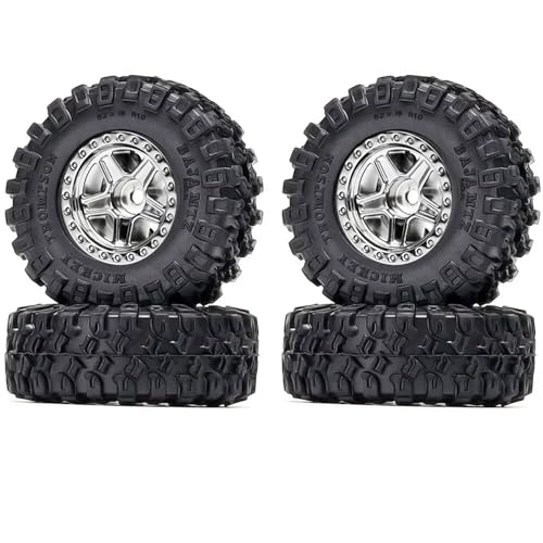 KINGCOO 4Stück 1.0'' Beadlock Radfelgen und RC Crawler Auto Gummireifen Set für 1/24 1/18 RC Raupenwagen für Axial SCX24 AX24 TRX4M FMS FCX18 FCX24 90081 AXI00001 Upgrade Teile,52x19mm (A-Silber) von KINGCOO