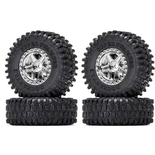 KINGCOO 4Stück 1.0'' Beadlock Radfelgen und RC Crawler Auto Gummireifen Set für 1/24 1/18 RC Raupenwagen für Axial SCX24 AX24 TRX4M FMS FCX18 FCX24 90081 AXI00001 Upgrade Teile,52x19mm (B-Silber) von KINGCOO