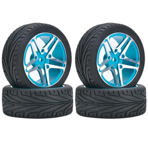 KINGCOO 4Stück 65mm RC Autoreifen Gummireifen und Aluminiumlegierung Metallradfelgen 12mm Hex für 1:10 RC On-Road Touring Drift Rallye Auto für SCX10 TRX4 Kyosho Sakura Tamiya (5-Spoke Blau) von KINGCOO