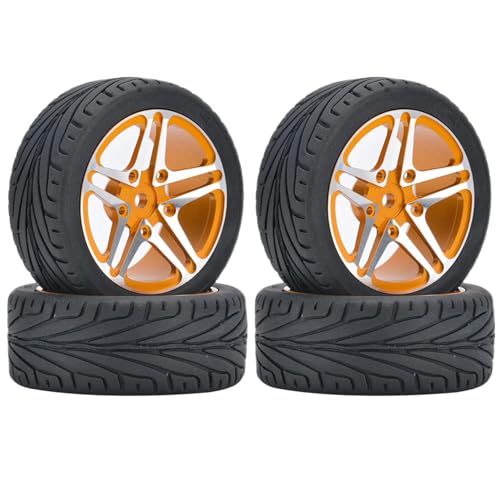 KINGCOO 4Stück 65mm RC Autoreifen Gummireifen und Aluminiumlegierung Metallradfelgen 12mm Hex für 1:10 RC On-Road Touring Drift Rallye Auto für SCX10 TRX4 Kyosho Sakura Tamiya (5-Spoke Gold) von KINGCOO