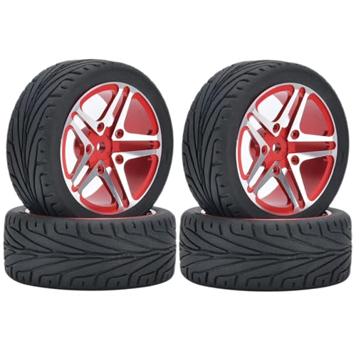 KINGCOO 4Stück 65mm RC Autoreifen Gummireifen und Aluminiumlegierung Metallradfelgen 12mm Hex für 1:10 RC On-Road Touring Drift Rallye Auto für SCX10 TRX4 Kyosho Sakura Tamiya (5-Spoke Rot) von KINGCOO