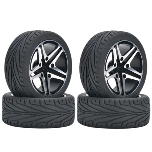 KINGCOO 4Stück 65mm RC Autoreifen Gummireifen und Aluminiumlegierung Metallradfelgen 12mm Hex für 1:10 RC On-Road Touring Drift Rallye Auto für SCX10 TRX4 Kyosho Sakura Tamiya (5-Spoke Schwarz) von KINGCOO