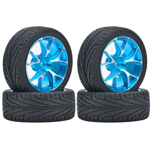 KINGCOO 4Stück 65mm RC Autoreifen Gummireifen und Aluminiumlegierung Metallradfelgen 12mm Hex für 1:10 RC On-Road Touring Drift Rallye Auto für SCX10 TRX4 Kyosho Sakura Tamiya (5Y-förmig Blau) von KINGCOO