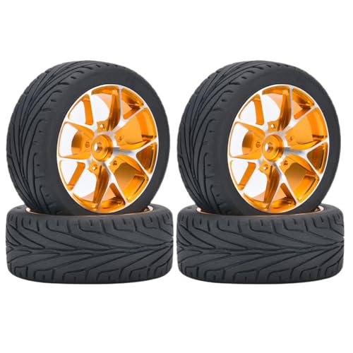 KINGCOO 4Stück 65mm RC Autoreifen Gummireifen und Aluminiumlegierung Metallradfelgen 12mm Hex für 1:10 RC On-Road Touring Drift Rallye Auto für SCX10 TRX4 Kyosho Sakura Tamiya (5Y-förmig Gold) von KINGCOO