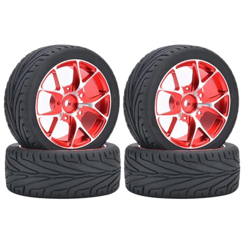 KINGCOO 4Stück 65mm RC Autoreifen Gummireifen und Aluminiumlegierung Metallradfelgen 12mm Hex für 1:10 RC On-Road Touring Drift Rallye Auto für SCX10 TRX4 Kyosho Sakura Tamiya (5Y-förmig Rot) von KINGCOO