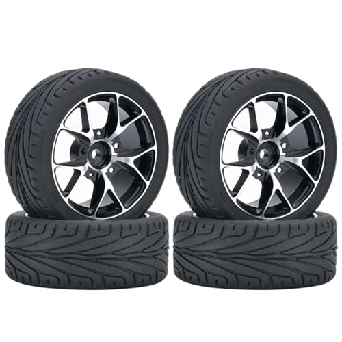 KINGCOO 4Stück 65mm RC Autoreifen Gummireifen und Aluminiumlegierung Metallradfelgen 12mm Hex für 1:10 RC On-Road Touring Drift Rallye Auto für SCX10 TRX4 Kyosho Sakura Tamiya (5Y-förmig Schwarz) von KINGCOO