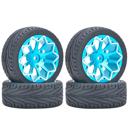 KINGCOO 4Stück 65mm RC Autoreifen Gummireifen und Aluminiumlegierung Metallradfelgen 12mm Hex für 1:10 RC On-Road Touring Drift Rallye Auto für SCX10 TRX4 Kyosho Sakura Tamiya (Blumen Blau) von KINGCOO