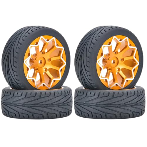 KINGCOO 4Stück 65mm RC Autoreifen Gummireifen und Aluminiumlegierung Metallradfelgen 12mm Hex für 1:10 RC On-Road Touring Drift Rallye Auto für SCX10 TRX4 Kyosho Sakura Tamiya (Blumen Gold) von KINGCOO