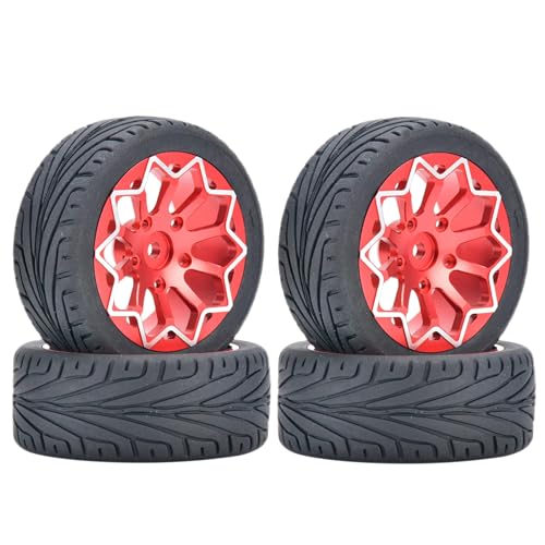 KINGCOO 4Stück 65mm RC Autoreifen Gummireifen und Aluminiumlegierung Metallradfelgen 12mm Hex für 1:10 RC On-Road Touring Drift Rallye Auto für SCX10 TRX4 Kyosho Sakura Tamiya (Blumen Rot) von KINGCOO