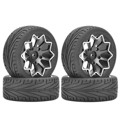 KINGCOO 4Stück 65mm RC Autoreifen Gummireifen und Aluminiumlegierung Metallradfelgen 12mm Hex für 1:10 RC On-Road Touring Drift Rallye Auto für SCX10 TRX4 Kyosho Sakura Tamiya (Blumen Schwarz) von KINGCOO