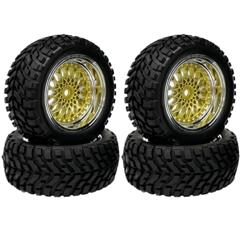 KINGCOO 4Stück 75mm Gummireifen 1,9 Zoll Plating Kunststoffräder Felgen 12mm Hex Ersatzteile für 1/14 1/16 Off Road Buggy Truck Auto 1/10 RC Auf Straße Rallye Rennwagen (Gold, Offset:6mm) von KINGCOO
