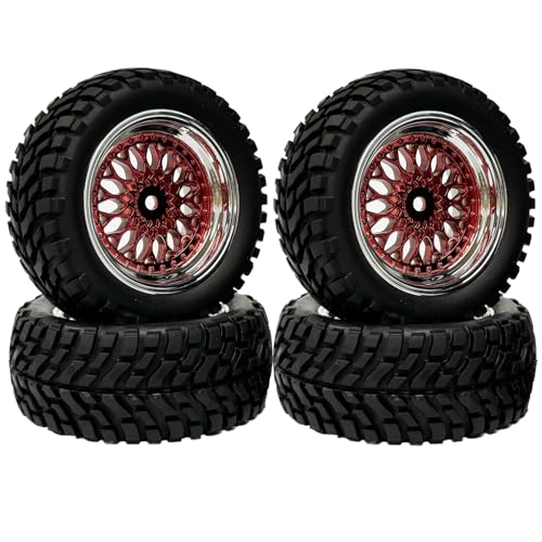 KINGCOO 4Stück 75mm Gummireifen 1,9 Zoll Plating Kunststoffräder Felgen 12mm Hex Ersatzteile für 1/14 1/16 Off Road Buggy Truck Auto 1/10 RC Auf Straße Rallye Rennwagen (Rot, Offset:3mm) von KINGCOO