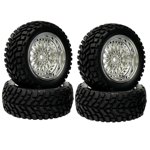 KINGCOO 4Stück 75mm Gummireifen 1,9 Zoll Plating Kunststoffräder Felgen 12mm Hex Ersatzteile für 1/14 1/16 Off Road Buggy Truck Auto 1/10 RC Auf Straße Rallye Rennwagen (Silber, Offset:9mm) von KINGCOO