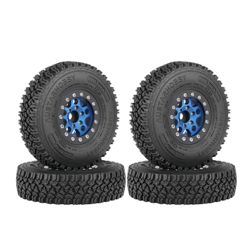KINGCOO 4Stück 90mm RC Gummireifen und 5Speichen Metall Felge 1,55 Zoll Beadlock Räder Felge für 1/10 RC Crawler Auto für D90 TF2 Tamiya CC01 CC02 LC70 LC80 Upgrade Teile (Schwarz/Blau) von KINGCOO