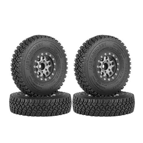 KINGCOO 4Stück 90mm RC Gummireifen und 5Speichen Metall Felge 1,55 Zoll Beadlock Räder Felge für 1/10 RC Crawler Auto für D90 TF2 Tamiya CC01 CC02 LC70 LC80 Upgrade Teile (Schwarz/Grau) von KINGCOO