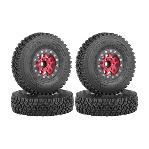 KINGCOO 4Stück 90mm RC Gummireifen und 5Speichen Metall Felge 1,55 Zoll Beadlock Räder Felge für 1/10 RC Crawler Auto für D90 TF2 Tamiya CC01 CC02 LC70 LC80 Upgrade Teile (Schwarz/Rot) von KINGCOO