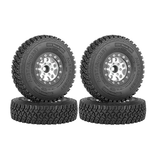 KINGCOO 4Stück 90mm RC Gummireifen und 5Speichen Metall Felge 1,55 Zoll Beadlock Räder Felge für 1/10 RC Crawler Auto für D90 TF2 Tamiya CC01 CC02 LC70 LC80 Upgrade Teile (Schwarz/Silber) von KINGCOO