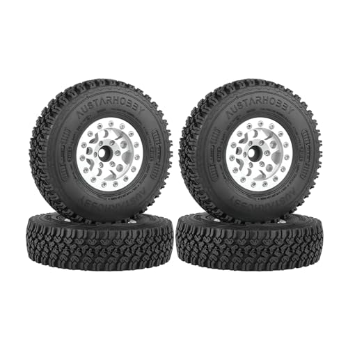 KINGCOO 4Stück 90mm RC Gummireifen und 5Speichen Metall Felge 1,55 Zoll Beadlock Räder Felge für 1/10 RC Crawler Auto für D90 TF2 Tamiya CC01 CC02 LC70 LC80 Upgrade Teile (Silber) von KINGCOO