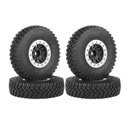 KINGCOO 4Stück 90mm RC Gummireifen und 5Speichen Metall Felge 1,55 Zoll Beadlock Räder Felge für 1/10 RC Crawler Auto für D90 TF2 Tamiya CC01 CC02 LC70 LC80 Upgrade Teile (Silber+Schwarz) von KINGCOO