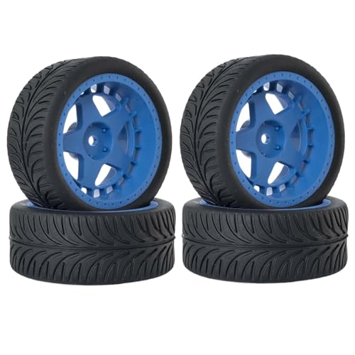 KINGCOO 4Stück Gummireifen und 52mm/2,05 Zoll Sternförmige Nylon Felgen Räder mit 12mm Hex für 1/10 RC On Road Rennwagen Touring Drift Rallye Auto (Blau, 62MM) von KINGCOO