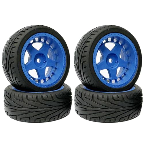 KINGCOO 4Stück Gummireifen und 52mm/2,05 Zoll Sternförmige Nylon Felgen Räder mit 12mm Hex für 1/10 RC On Road Rennwagen Touring Drift Rallye Auto (Blau, 65MM) von KINGCOO