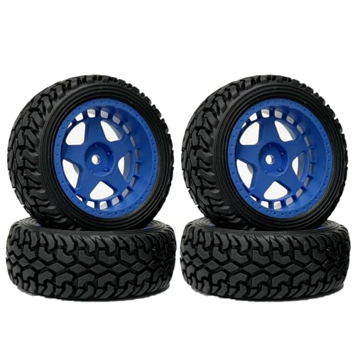 KINGCOO 4Stück Gummireifen und 52mm/2,05 Zoll Sternförmige Nylon Felgen Räder mit 12mm Hex für 1/10 RC On Road Rennwagen Touring Drift Rallye Auto (Blau, 75MM) von KINGCOO