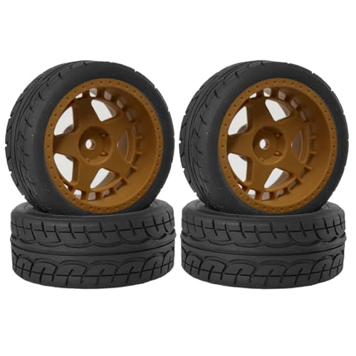 KINGCOO 4Stück Gummireifen und 52mm/2,05 Zoll Sternförmige Nylon Felgen Räder mit 12mm Hex für 1/10 RC On Road Rennwagen Touring Drift Rallye Auto (Gold, 63MM) von KINGCOO