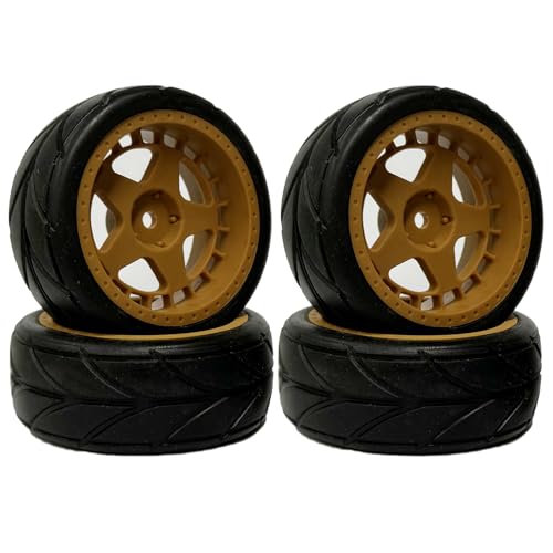 KINGCOO 4Stück Gummireifen und 52mm/2,05 Zoll Sternförmige Nylon Felgen Räder mit 12mm Hex für 1/10 RC On Road Rennwagen Touring Drift Rallye Auto (Gold, 64MM) von KINGCOO