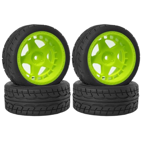 KINGCOO 4Stück Gummireifen und 52mm/2,05 Zoll Sternförmige Nylon Felgen Räder mit 12mm Hex für 1/10 RC On Road Rennwagen Touring Drift Rallye Auto (Grün, 63MM) von KINGCOO