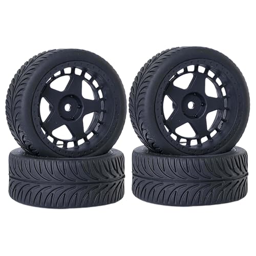 KINGCOO 4Stück Gummireifen und 52mm/2,05 Zoll Sternförmige Nylon Felgen Räder mit 12mm Hex für 1/10 RC On Road Rennwagen Touring Drift Rallye Auto (Schwarz, 62MM) von KINGCOO