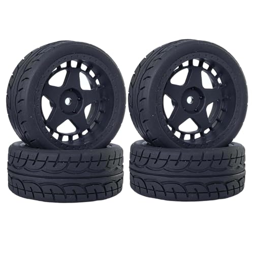 KINGCOO 4Stück Gummireifen und 52mm/2,05 Zoll Sternförmige Nylon Felgen Räder mit 12mm Hex für 1/10 RC On Road Rennwagen Touring Drift Rallye Auto (Schwarz, 63MM) von KINGCOO