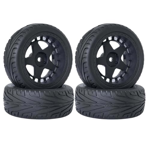KINGCOO 4Stück Gummireifen und 52mm/2,05 Zoll Sternförmige Nylon Felgen Räder mit 12mm Hex für 1/10 RC On Road Rennwagen Touring Drift Rallye Auto (Schwarz, 65MM) von KINGCOO