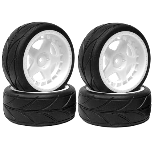 KINGCOO 4Stück Gummireifen und 52mm/2,05 Zoll Sternförmige Nylon Felgen Räder mit 12mm Hex für 1/10 RC On Road Rennwagen Touring Drift Rallye Auto (Weiß, 64MM) von KINGCOO