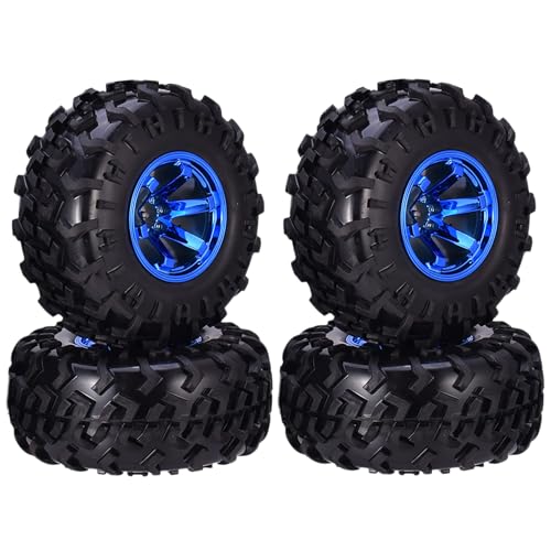 KINGCOO 4Stück RC Monster Truck Rad- und Reifensatz,130mm Gummireifen und Kunststoff Felgen Teile für 1/10 RC Crawler Auto für HIMOTO SCX10 TRX4 HSP HPI Tamiya Kyosho (6-Speichen Blau) von KINGCOO