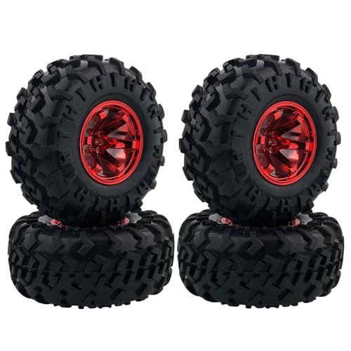 KINGCOO 4Stück RC Monster Truck Rad- und Reifensatz,130mm Gummireifen und Kunststoff Felgen Teile für 1/10 RC Crawler Auto für HIMOTO SCX10 TRX4 HSP HPI Tamiya Kyosho (6-Speichen Rot) von KINGCOO
