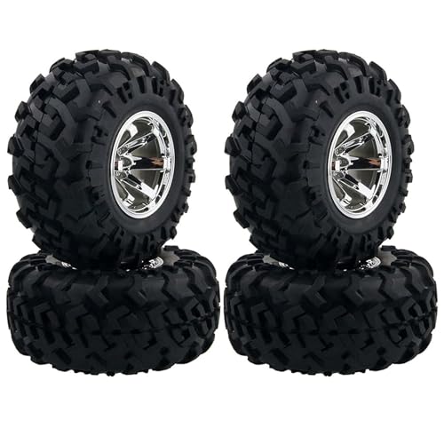 KINGCOO 4Stück RC Monster Truck Rad- und Reifensatz,130mm Gummireifen und Kunststoff Felgen Teile für 1/10 RC Crawler Auto für HIMOTO SCX10 TRX4 HSP HPI Tamiya Kyosho (6-Speichen Silber) von KINGCOO