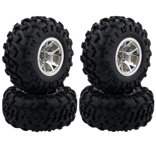 KINGCOO 4Stück RC Monster Truck Rad- und Reifensatz,130mm Gummireifen und Kunststoff Felgen Teile für 1/10 RC Crawler Auto für HIMOTO SCX10 TRX4 HSP HPI Tamiya Kyosho (Silber) von KINGCOO
