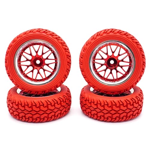 KINGCOO 4Stück RC Rally Auto Gummireifen und Kunststoffbeschichtung Räder Felgen Set für 1/10 RC On-Road Touring Racing Rallye Auto für Scx10 TRX4 Tamiya WR8 HPI HSP TT02 (Rot Silber, 75mm-B) von KINGCOO